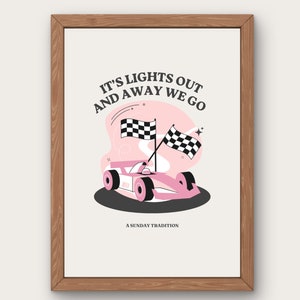Se apagaron las luces y nos fuimos Póster de coche de carreras rosa para dormitorio, apartamento, hogar, regalo / Bandera de deportes de motor de Fórmula 1 con estampado estético rosa