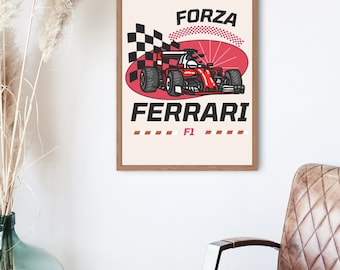 May include: A framed poster with a red and white checkered flag, a red race car, and the text "FORZA FERRARI F1" in black and white.