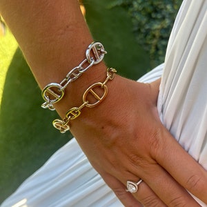 Silver and gold marine mesh bracelet, triumph toggle sailor knot, chunky mesh chain loops, adjustable stainless steel chain