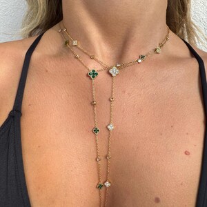 Diamond and gold lasso clover Y necklace, green white mother of pearl, 4 leaf toggle choker T-bar clasp, women's stainless steel chain