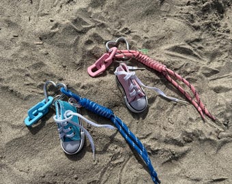 Summer handbag jewelry, sneaker bag charm, small blue and pink shoe, cord, bag charm, key ring accessory