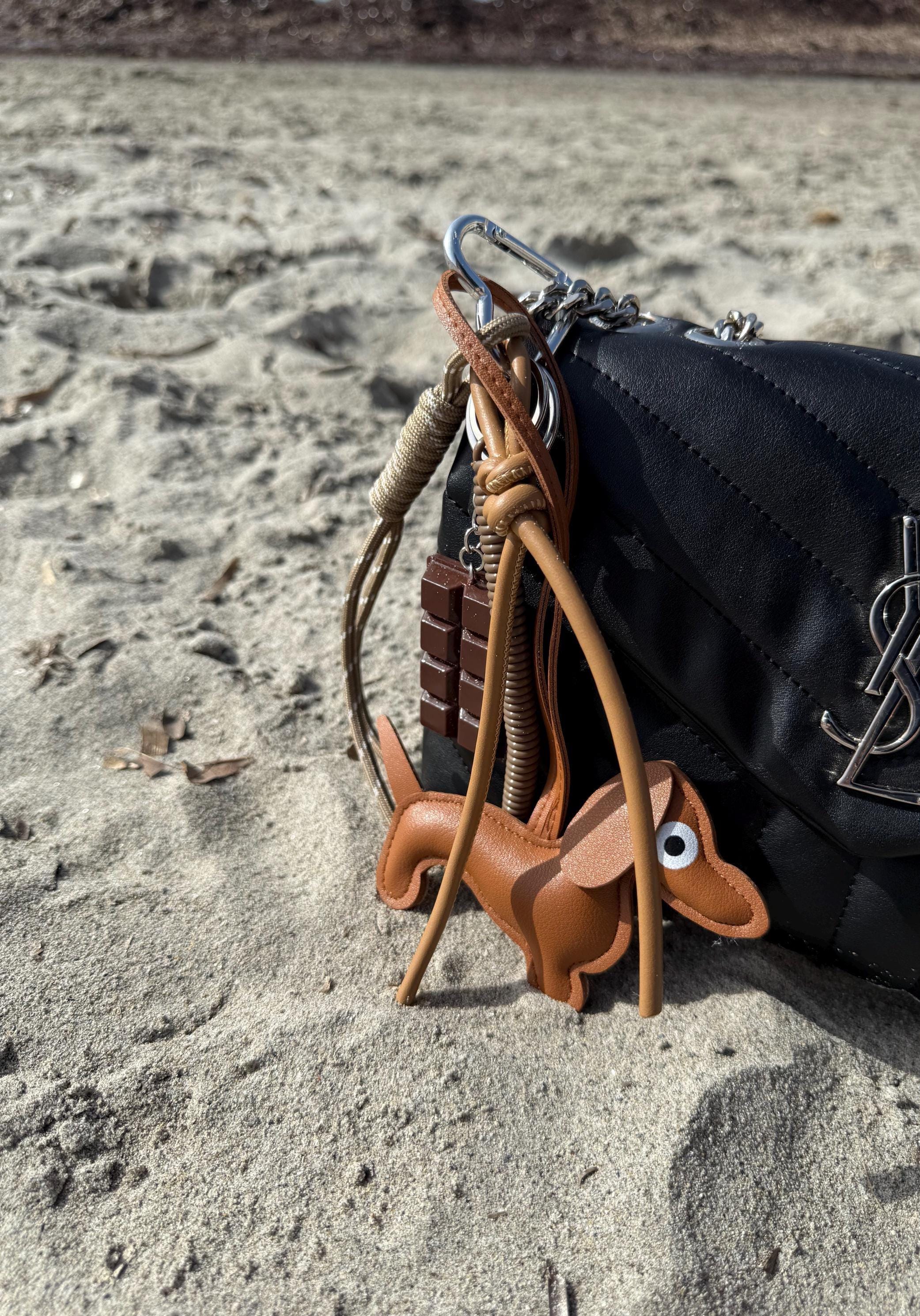 Handbag jewelry, rope bag charm, pink dachshund dog and brown chocolate bar shape, bag charm, key ring accessory