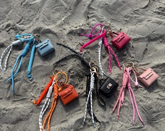 Summer handbag jewelry, bag charm, small miniature bag in pink, blue, orange, cord, bag charm, keychain accessory for women