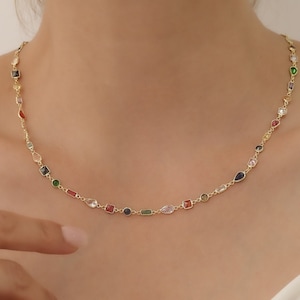Dainty Multi-Stone Necklace, Multicolor Jewelry,  Delicate Gemstone Choker, Christmas Gift
