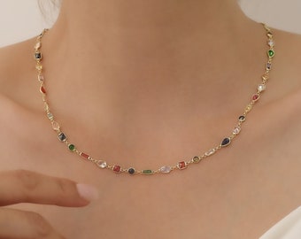 14k Gold Multi-Stone Necklace, Sterling Silver Gemstone Choker, Multicolor Jewelry