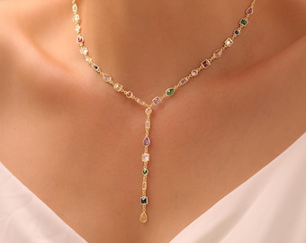 Rainbow Gemstone Y Necklace, 14k Gold Multi-Stone Necklace, Multicolor Jewelry