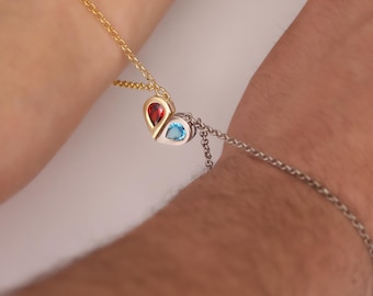 Pulseras de pareja de plata de ley: corazón magnético, joyería con piedra de nacimiento
