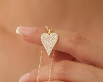 Pave CZ Heart Necklace, 14K Gold Plated Sterling Silver