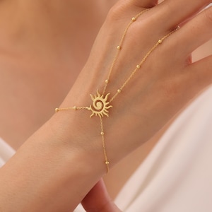 Sun Charm Hand Chain, Bridal Hand Chain Bracelet, Silver Sahmaran, Christmas Gift