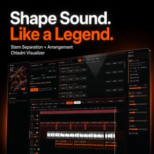 May include: A digital audio workstation interface featuring the text Shape Sound. Like a Legend. Stem Separation + Arrangement Chladni Visualizer. The dark screen displays various audio tracks, waveform visualizations, and control panels with orange accents.