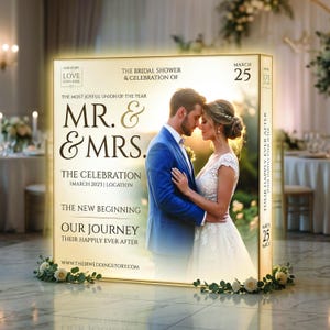May include: A wedding announcement featuring a couple embracing, with the text "MR. & MRS." and "THE CELEBRATION." The announcement includes the date "MARCH 25" and the website "THEIRWEDDINGSTORY.COM."