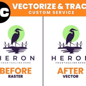 May include: Comparison image showing a raster and vector graphic of a heron. The "Before" image is blurred, the "After" is sharp. Text reads "Vectorize & Trace Custom Service" and "Heron" with a tagline.