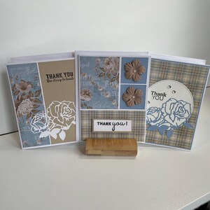 Lot de 3 cartes de remerciement faites main, trois designs uniques, intérieur vierge pour votre message personnel, enveloppes incluses