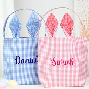 Kinder Ostern Korb, Personalisierte Ostereimer, Seersucker Ostertasche, Kaninchenkorb, Benutzerdefinierte Ostergeschenke, Ostereisuche, Pink, Blau, Grün