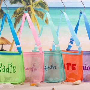 Custom Embroidered Mesh Beach Shell Bag, Personalized Seashell Mesh Tote with Kids Name, Sand Toy Collector Bag, Party Favors, Gift for Kids