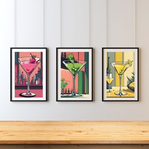 Impressões de Martini Rosa, Verde e Amarelo, Pôsteres Digitais de Parede para Imprimir, Pôster de Coquetel, Impressões de Cozinha, Impressão de Martini, Impressões de Bebidas