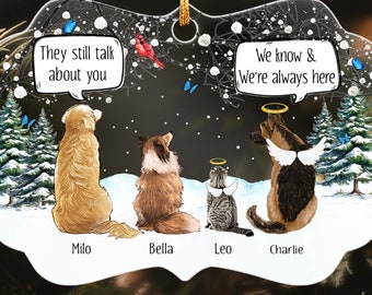 May include: A decorative ornament featuring four pets sitting in snow, including two dogs, a cat, and a German Shepherd with angel wings and a halo. Text bubbles read 'They still talk about you' and 'We know & We're always here' with names Milo, Bella, Leo, and Charlie.