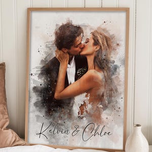 Watercolor Couple Portrait from Photo, Custom Wedding Anniversary Gift for Wife Husband Parents, Engagement Gift for Friend, Unique Wall Art