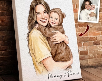 Personalized Watercolor New Mom Portrait from Photo Canvas, Family Keepsake