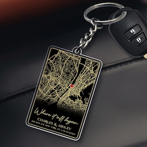 Custom Valentine Keychain, Where it All Began Map Keychain, Personalized Valentines Gift For Husband, Custom Map Location Keychain For Him