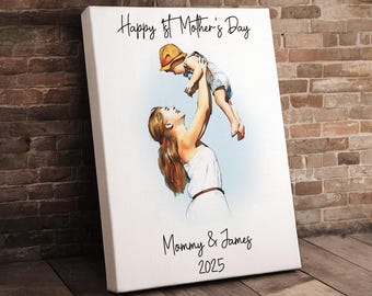 First Mothers Day Gift, Personalized Watercolor Portrait Gift for New Mom, Wall Art Canvas Ready To Hang, Mom & Baby Portrait Canvas