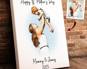 First Mother's Day Gift, Personalized Watercolor Portrait Mommy and Baby Canvas Wall Art