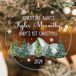 Custom Baby&#39;s First Christmas Ornament 2024, Adventure Awaits Baby Ornament, Mountains Baby Boy Ornament, New Baby Ornament