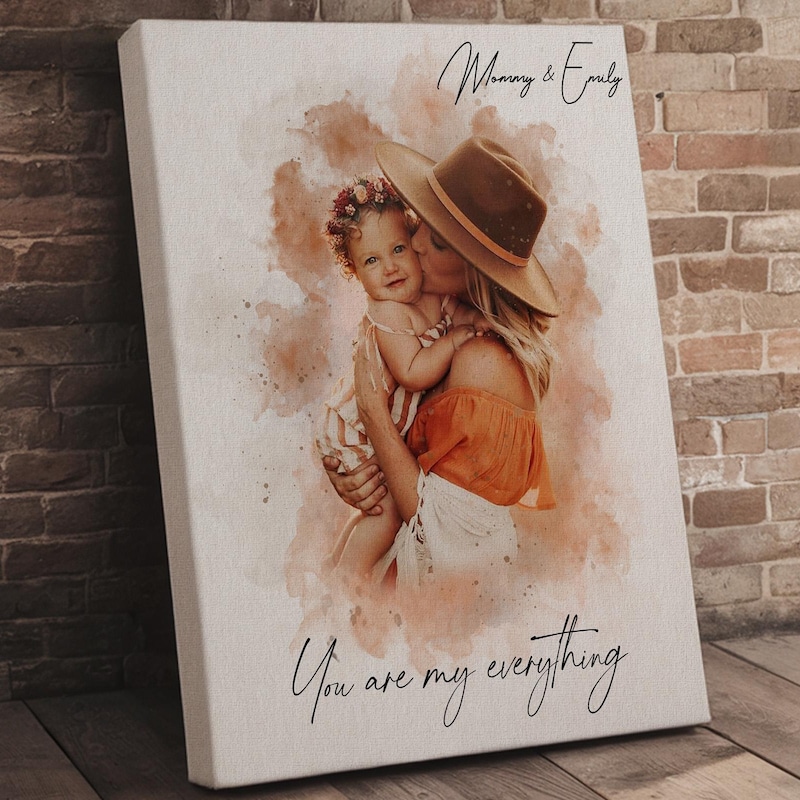 First Mother's Day Watercolor Portrait Canvas, 1st Mother's Day Gift From Baby,  Personalized Gift For New Moms, First Time Mom Gifts