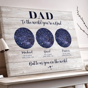 May include: A wooden sign with the word "DAD" at the top, followed by the text "To the world you're a Dad." Three circular star maps are featured below, each with a name, date, and location. The bottom text reads "But to us you are the world."