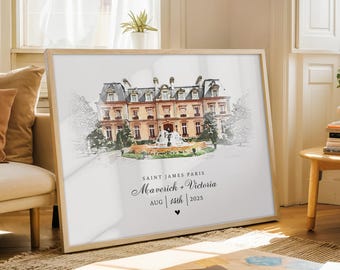 Personalized Watercolor Wedding Venue Wall Art, Venue Portrait from Photo Wedding Gift, 1st Anniversary Gift, Couple Gift