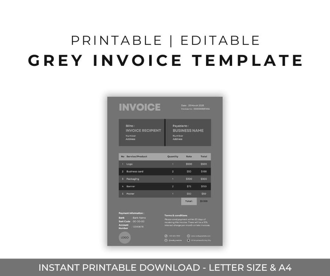Grey Invoice Template – Professional & Customizable for Business Use - Etsy