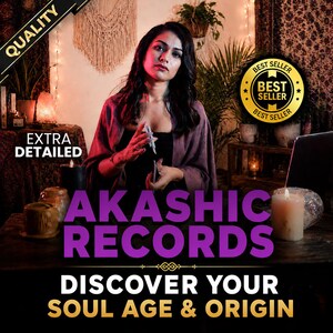 Op de afbeelding: Een afbeelding met de tekst "AKASHIC RECORDS" in paars, met daaronder de woorden "DISCOVER YOUR SOUL AGE & ORIGIN". De afbeelding bevat ook de woorden "QUALITY" en "EXTRA DETAILED". Een "BEST SELLER"-badge is zichtbaar.