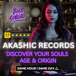 Könnte beinhalten: Ein Bild, das "Akashic Records" bewirbt, mit dem Text "Entdecke dein Seelenalter & Herkunft". Das Bild zeigt eine Frau in einem dunklen Raum mit einer Uhr und Regalen im Hintergrund. Der Text "Best Seller" ist ebenfalls zu sehen.