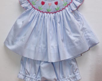 Blue Smocked Baby Set with Tulip Embroidery