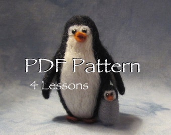 May include: PDF pattern for needle felting two penguins, a larger one with black and white feathers and a smaller one with gray feathers. The pattern includes 4 lessons.