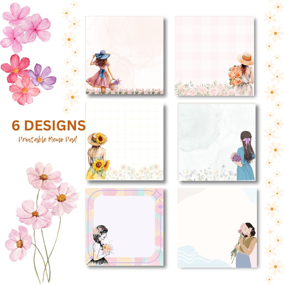 Floral Memo Pad, Printable Notepad, Square Notepad, Flower Girl Memo Sheets , Floral Sticky ...