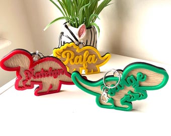 Dinosaur Keychain Bag Tag With Personalised Name, School Keyring, Bag Charm, Stocking Filler, Acrylic, wood, Custom Dino Keyring, T-rex