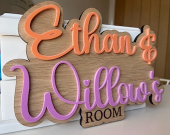 Personalised Siblings Name Bedroom Sign With 2 Colours, Door Plaque For Twins, Kids Door Sign for Bedroom, Wood Acrylic Sign, Boys, Girls
