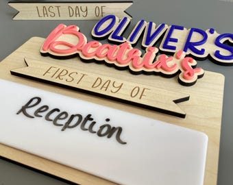 First Day of School Board, Up to 4 names, Custom interchangeable Sign, Personalised Reusable Memory Photo Board, Back To School, Nursery