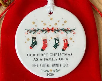 Personalised First Christmas as a Family Ornament, Family of 2 3 4 5 6, Stocking Family Christmas Decoration, Ceramic Family Bauble