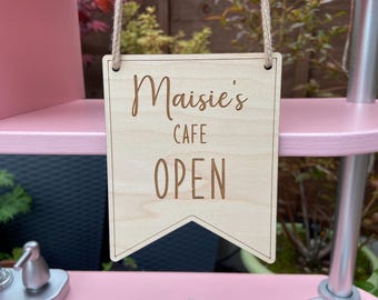 Personalised Wood Play Kitchen Cafe Open Sign, Cafe Pretend Sign, Wooden Play Cafe Menu, Custom Playroom Decor, Imaginative Play Decor