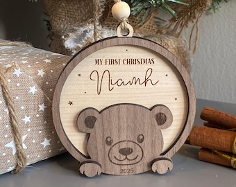 Personalised First Christmas Teddy Bear Ornament, Baby Ornament, Walnut & Maple, Babies Christmas Bauble, Wood Ornament, Baby's 1st, 2025