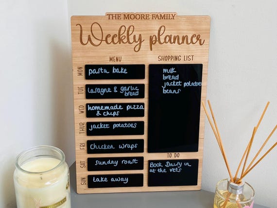 Personalised Weekly Planner With Family Name, Meal Planner Menu, Wipeable and Editable Menu Board, Shopping List Board, Family Planner Board