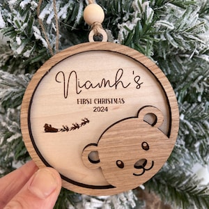 Personalised First Christmas Tree Ornament, Teddy Bear Ornament, Babies Christmas Bauble, Wood Ornament, Baby's 1st, 2024