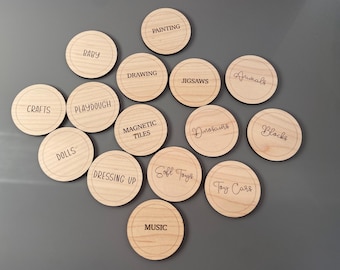 Set of 6 Custom Wooden Storage Labels, Customisable Trofast Maple Tags, Personalised Labels, Playroom Decor,  Wooden Discs, Playroom