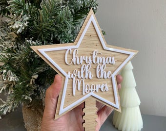 Personalised Christmas Tree Topper, Wood & Acrylic Star Ornament, Christmas Decor, Custom Star For Christmas Tree, Family Name Tree Topper