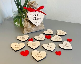 10 Date Night Tokens, Love Tokens In Bag with personalised heart Tag or make your own, Gift For Valentines, Wedding Gift, Anniversary Gift