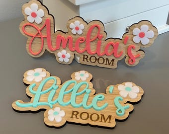 Letrero personalizado para dormitorio con flores, letrero infantil de margaritas para puerta de dormitorio, madera y acrílico, letrero para guardería, placa con nombre para regalo de adolescente, letrero infantil