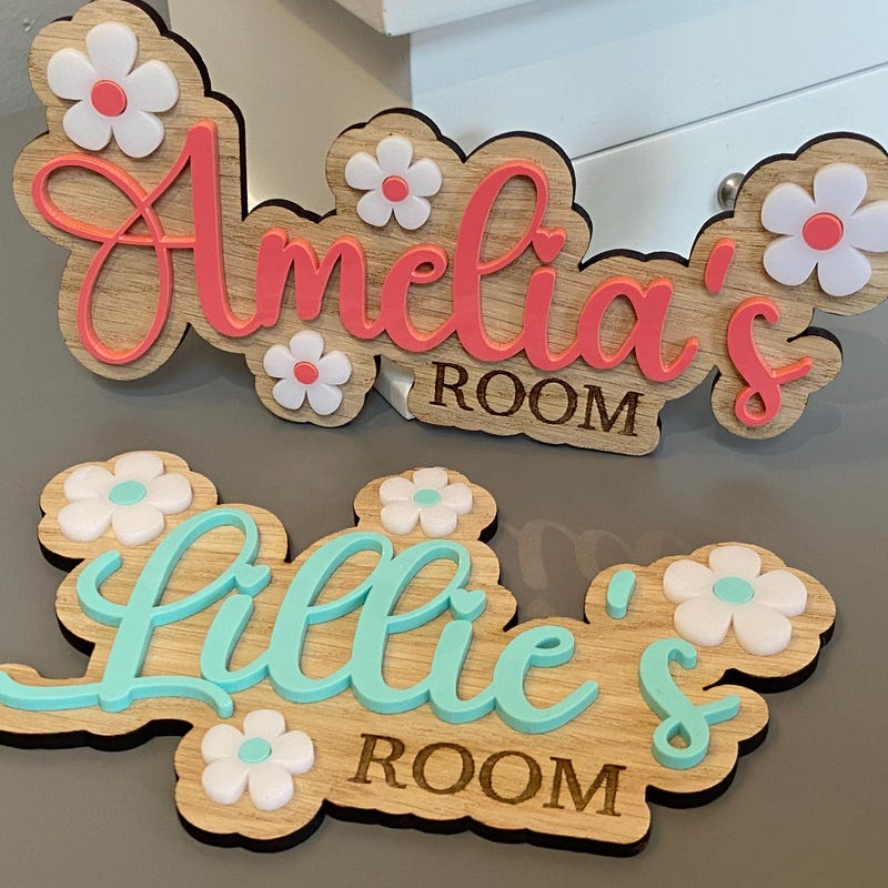 Personalised Bedroom Sign With Flowers, Kids Daisy Door Sign for Bedroom, Wood Acrylic, Nursery Sign, Teen Gift Name Plaque, Children Sign