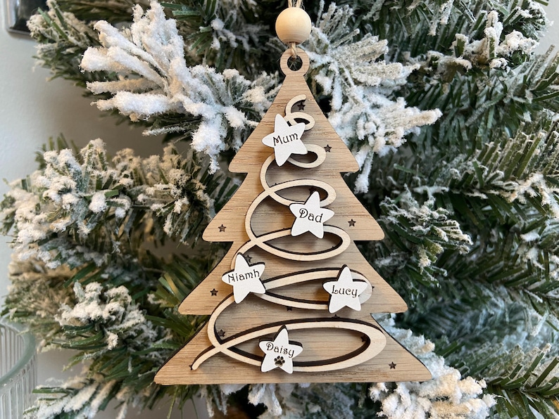 Personalised Family Name Christmas Tree Ornament, Custom 3 Layer Wooden Christmas Tree Decoration, Hanging Decorations, Custom Gifts image 1